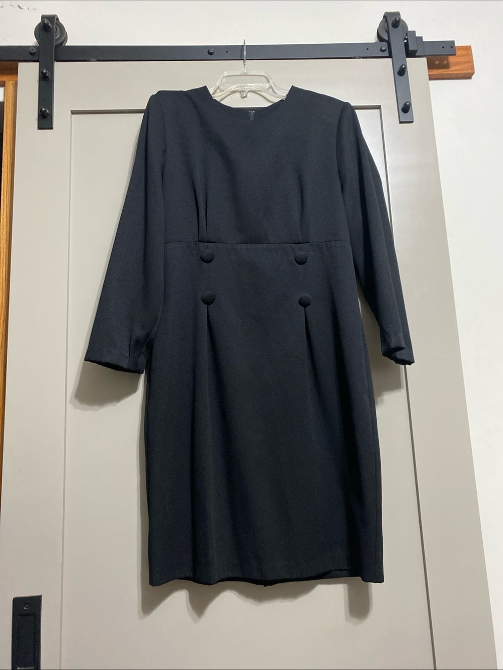 Vintage 90’s Classic Black Midi Crepe Dress with Button Waist Detail